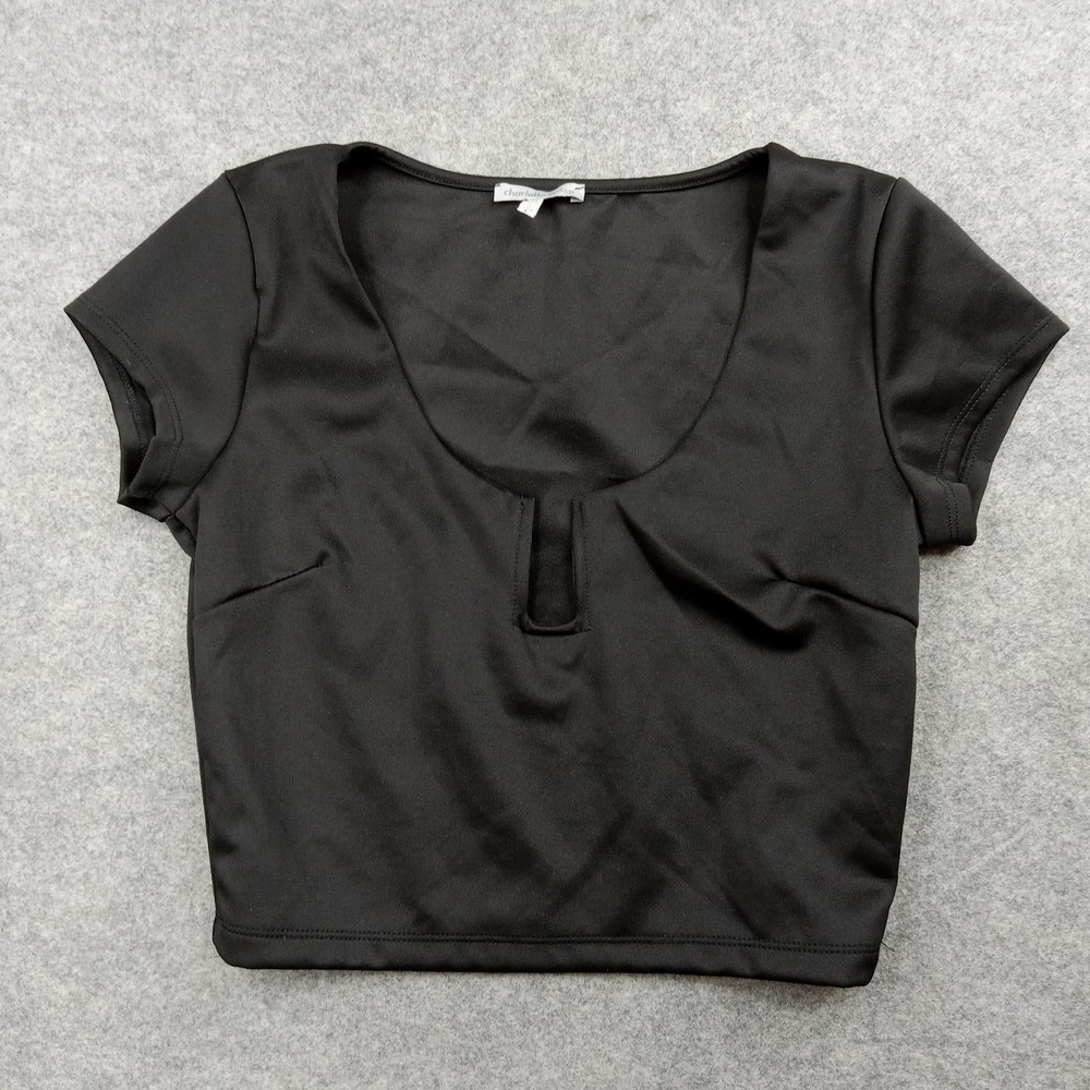 Charlotte Russe Shirt Womens‎ Medium Black Crop Top Scoop Neck Stretch Basic